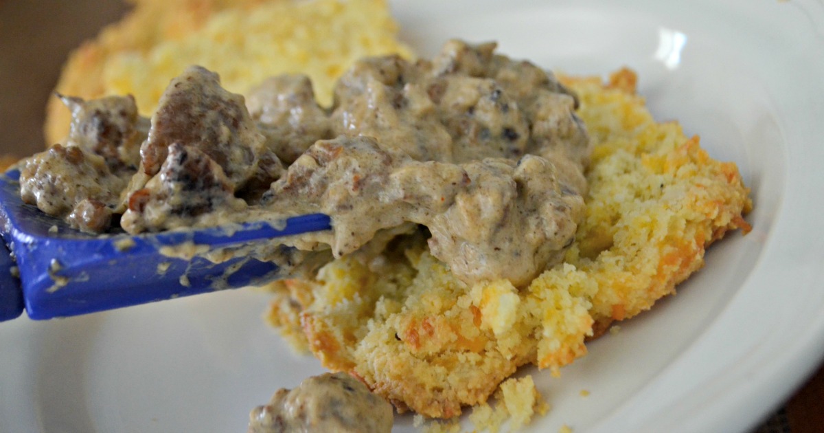 Keto Biscuits and Sausage Gravy - closeup on a plate