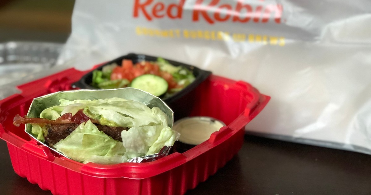 red robin bunless burger wrapped in lettuce