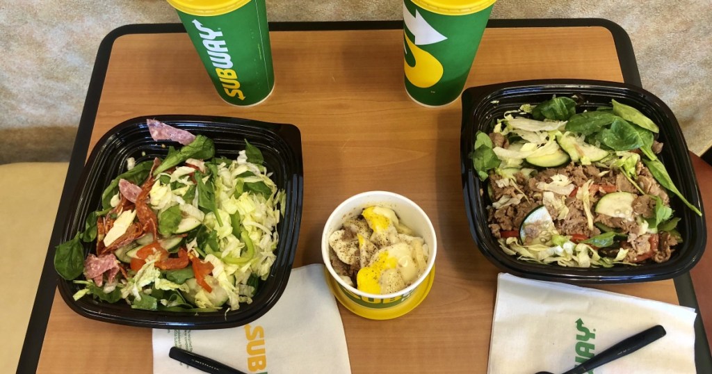 Subway top shot of two sandwiches made into salads