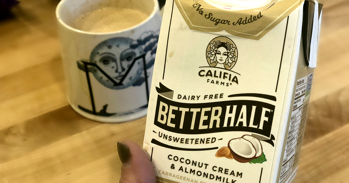 we love Califia Dairy Free coffee creamer - here, the box and a cup of coffee