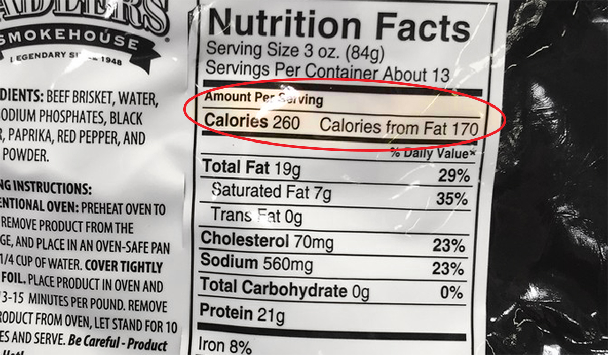 showing how to read nutrition facts by pointing out the calorie count on briskt package