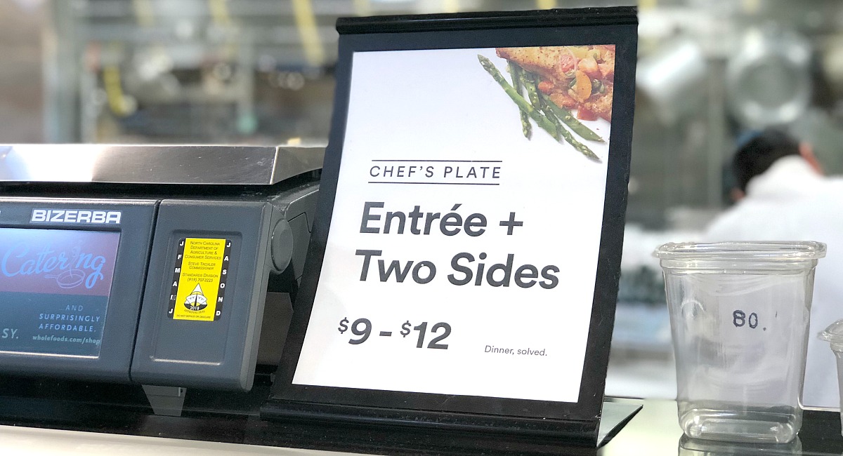 whole foods shopping tips — signage of the chef's meal at the whole foods prepared foods counter