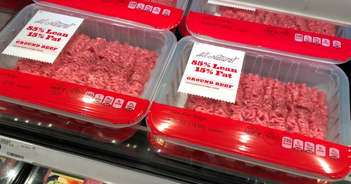 Ground beef in packaging in the Target refrigerator
