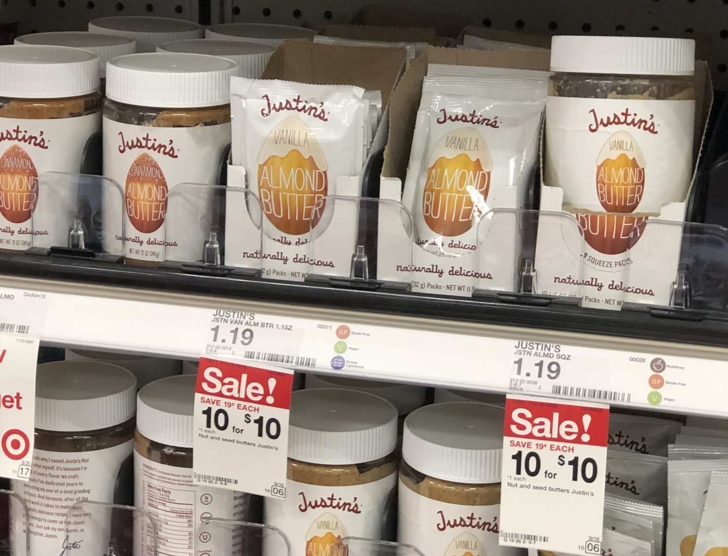 This keto target deal is for these justin's almond butter squeeze packs on a shelf next to jars of nut butter