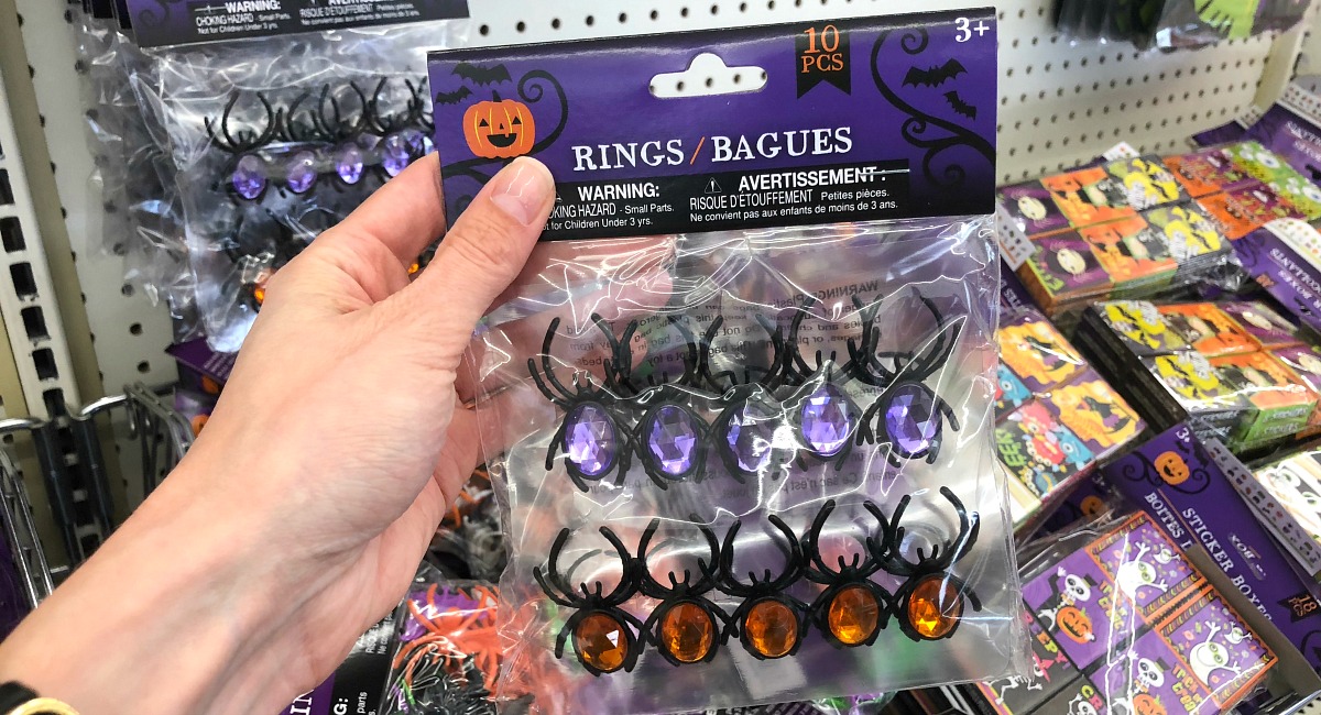 halloween dollar tree teal pumpkin non-candy treat ideas - spider rings with gems from dollar tree