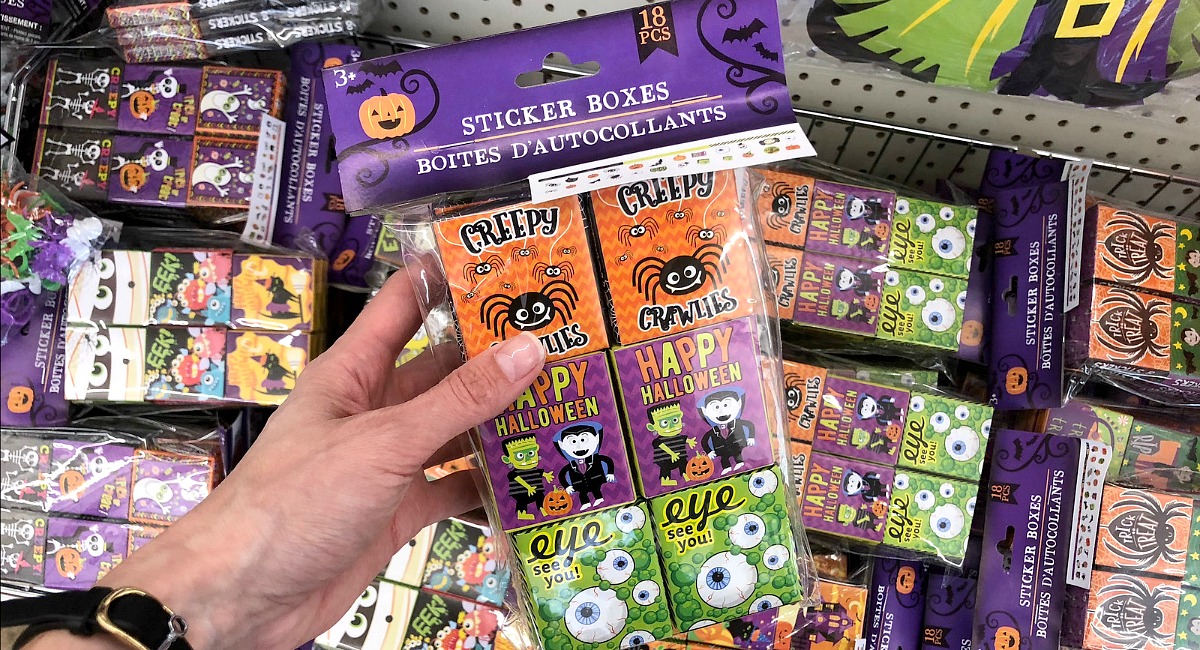teal pumpkin halloween dollar tree non-candy treat ideas — sticker boxes from the dollar tree