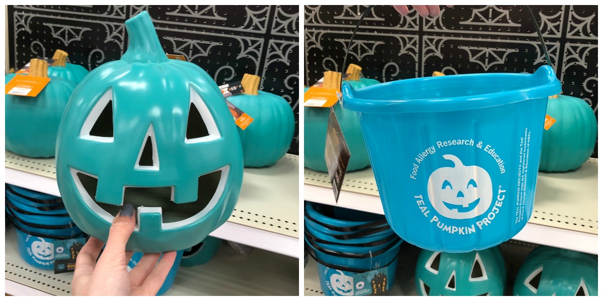 halloween dollar tree non-candy treat ideas — teal pumpkin and bucket for teal pumpkin project at target