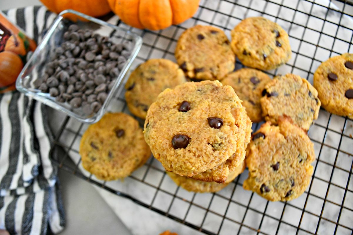 Keto Pumpkin Chocolate Chip Cookies on the cooling rack