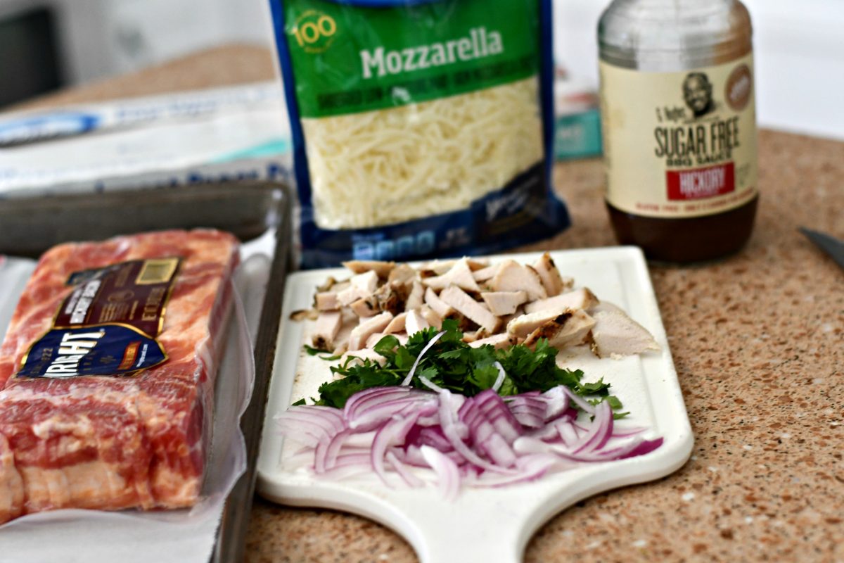 Keto BBQ Chicken Bacon Weave Pizza - ingredients on the counter