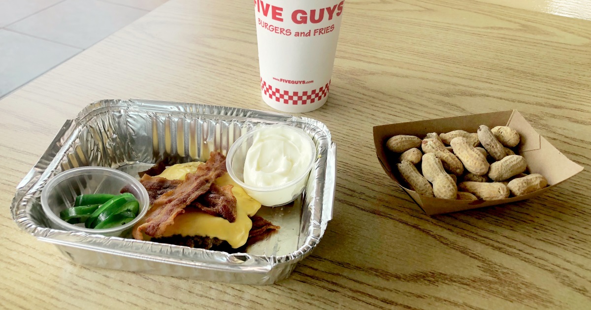 five guys keto dining guide – peanuts, a bunless burger, and a Diet Coke