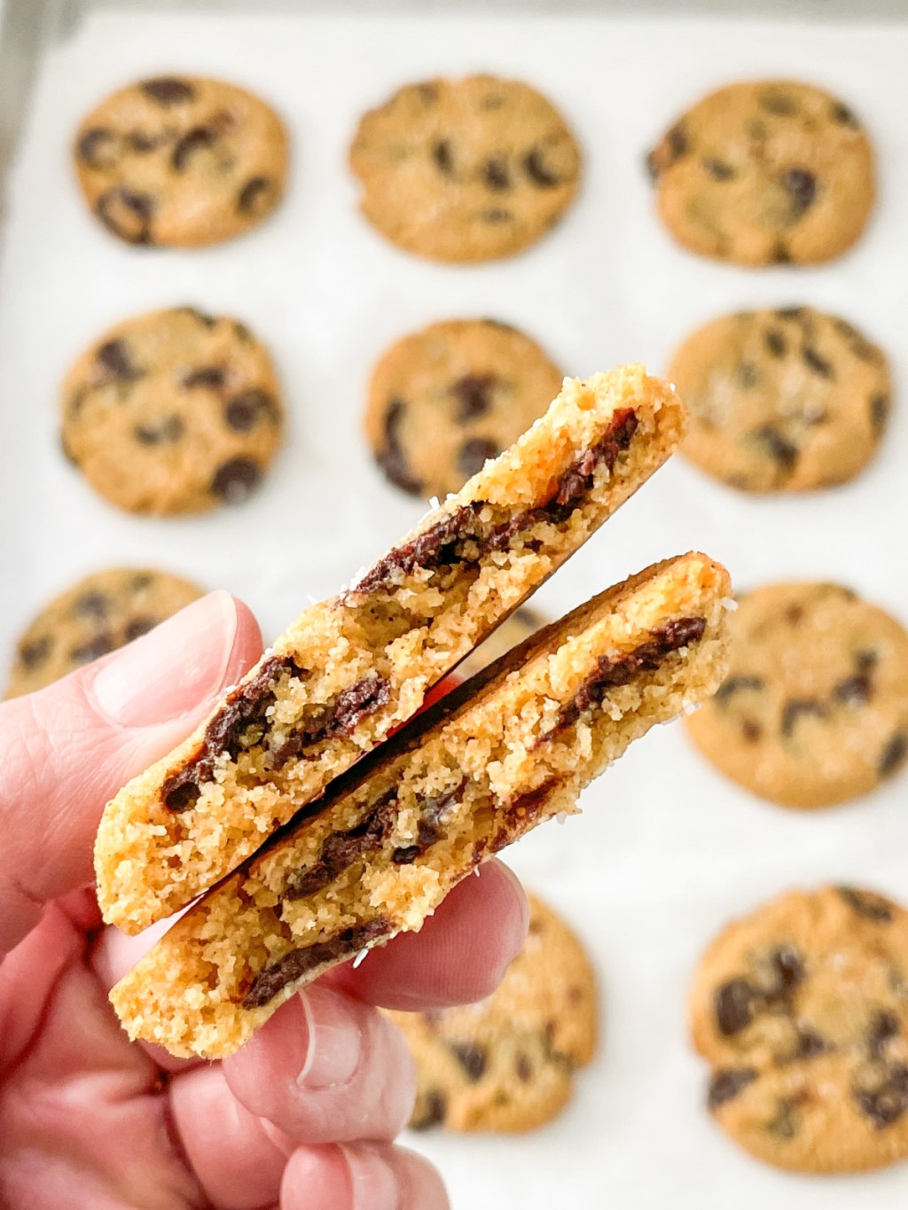 holding keto pumpkin chocolate chip cookies broken in half