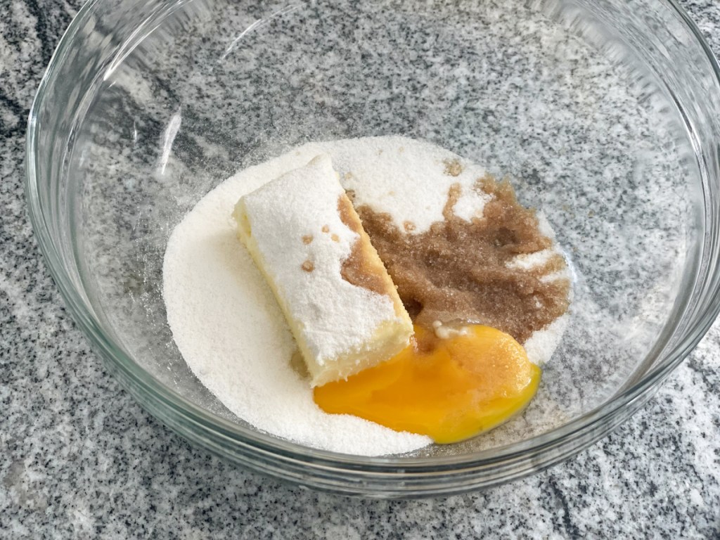 butter, eggs, vanilla, keto sweetener in a bowl