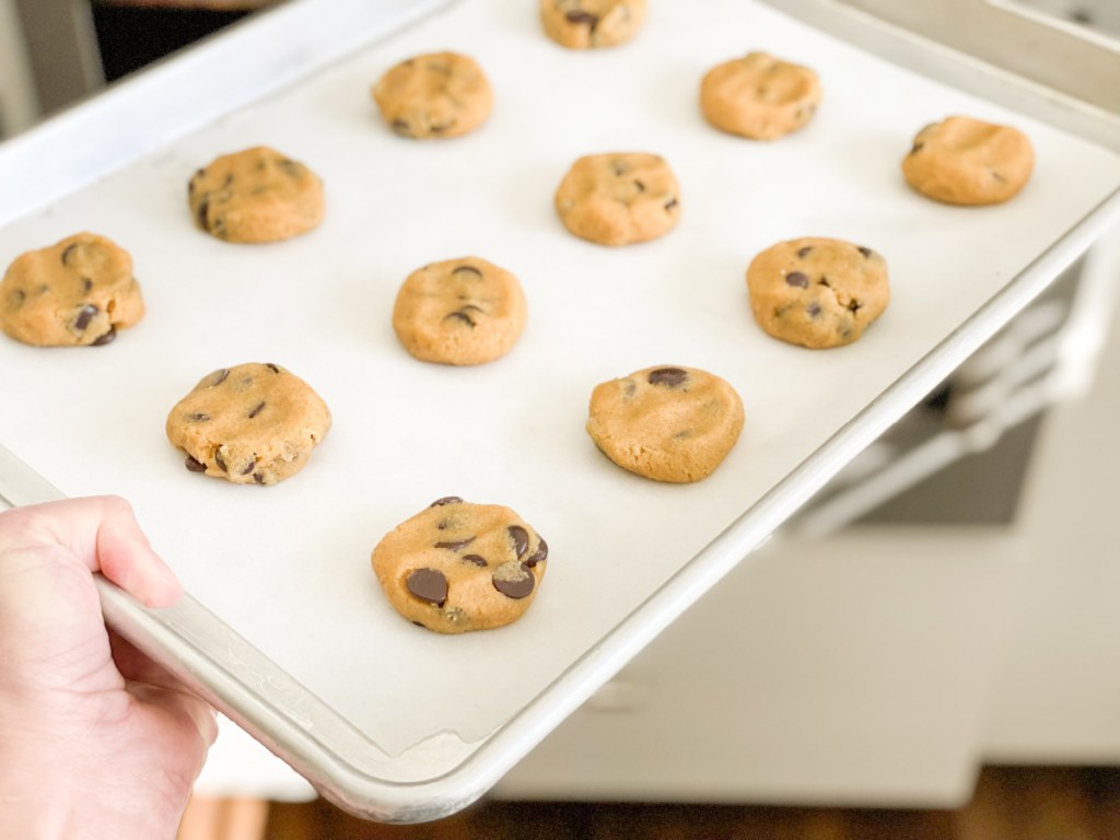 keto pumpkin chocolate chip cookies going into the oven