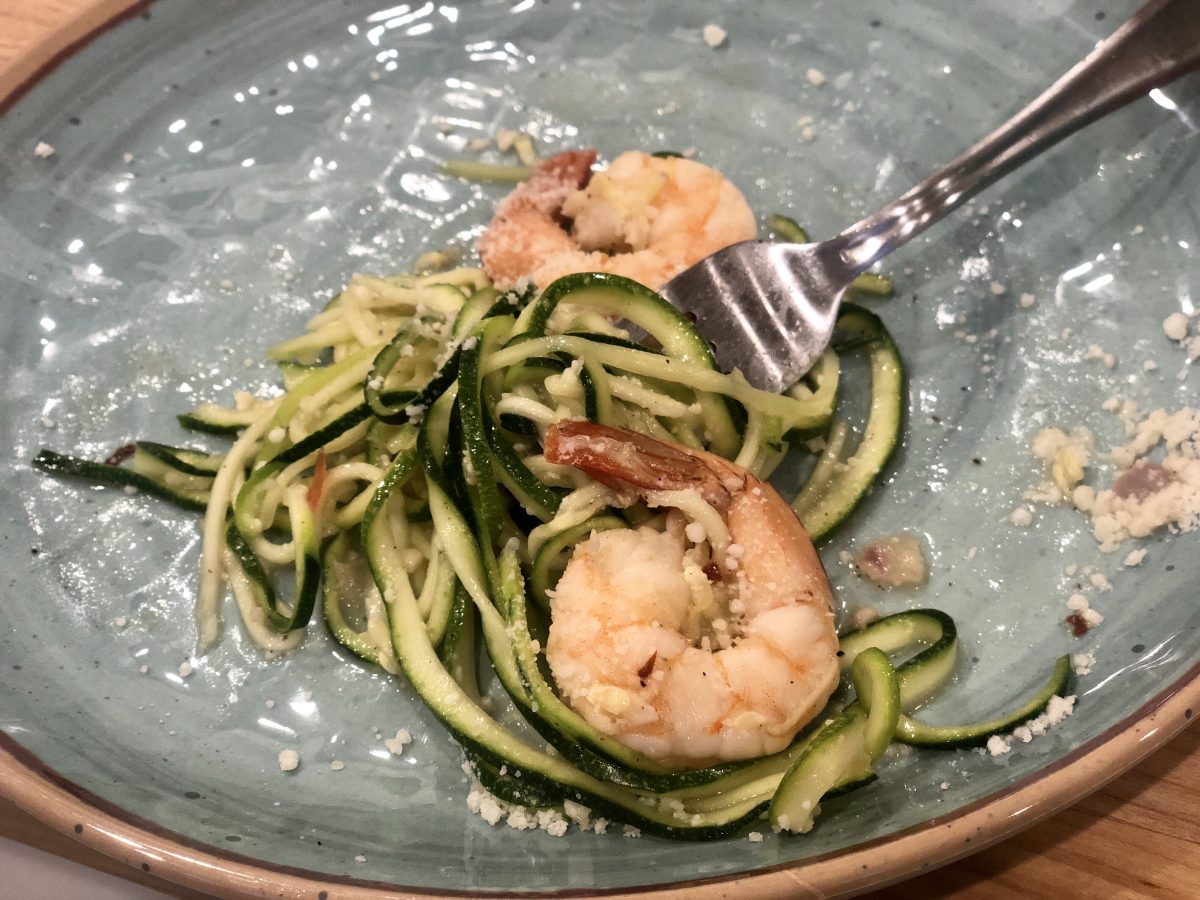 Keto zoodles with shrimp and Pecorino Romano cheese