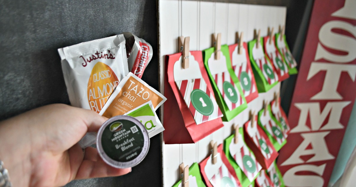 DIY Keto Advent Christmas Calendar – tea, peanut butter pouches, and more near the calendar