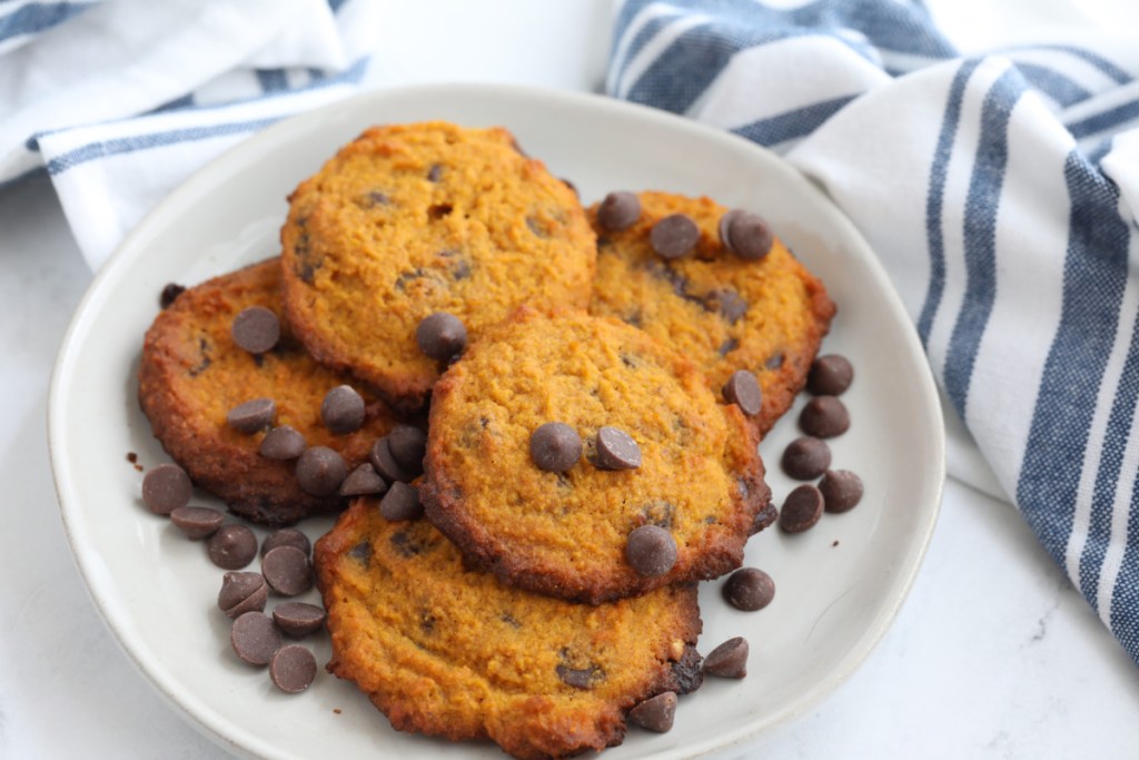 keto pumpkin chocolate chip cookies on a plate