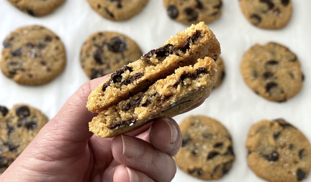 holding Keto pumpkin cookies with chocolate chips
