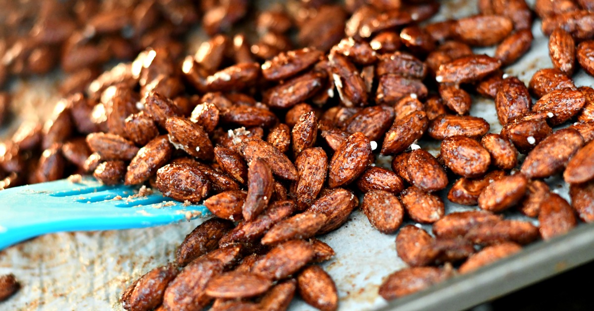 Sugar-Free Roasted Spiced Almonds, closeup on the pan