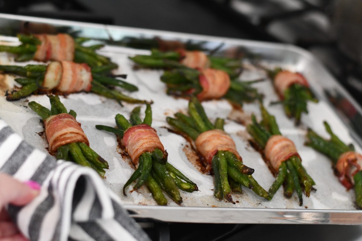 Keto Bacon Wrapped Green Bean Bundles – after coming out of the oven on the pan