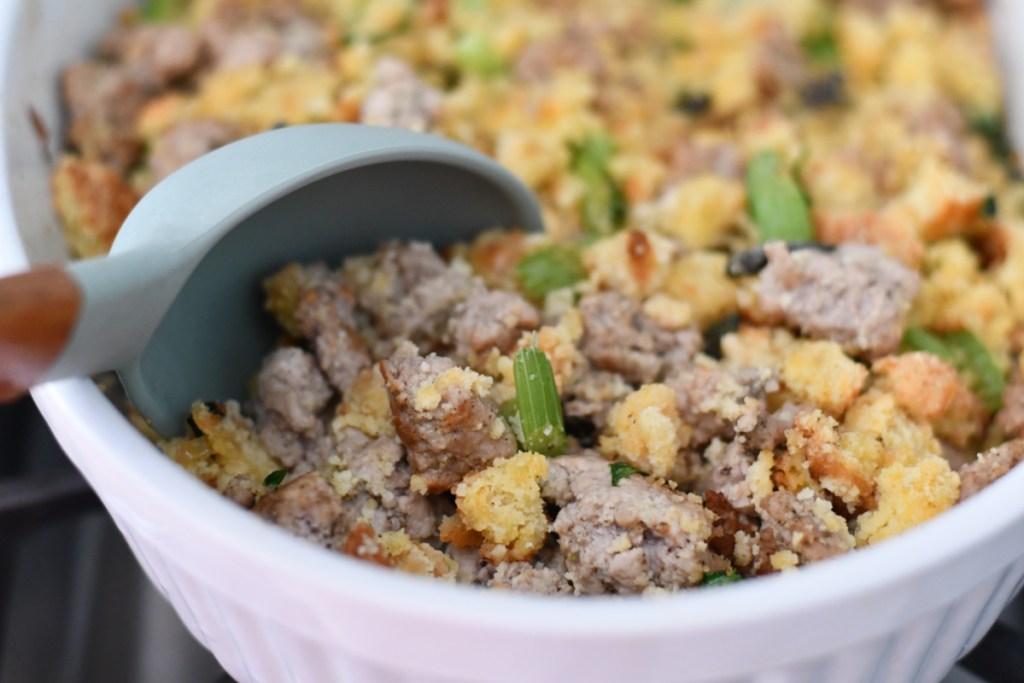 mixing stuffing with broth