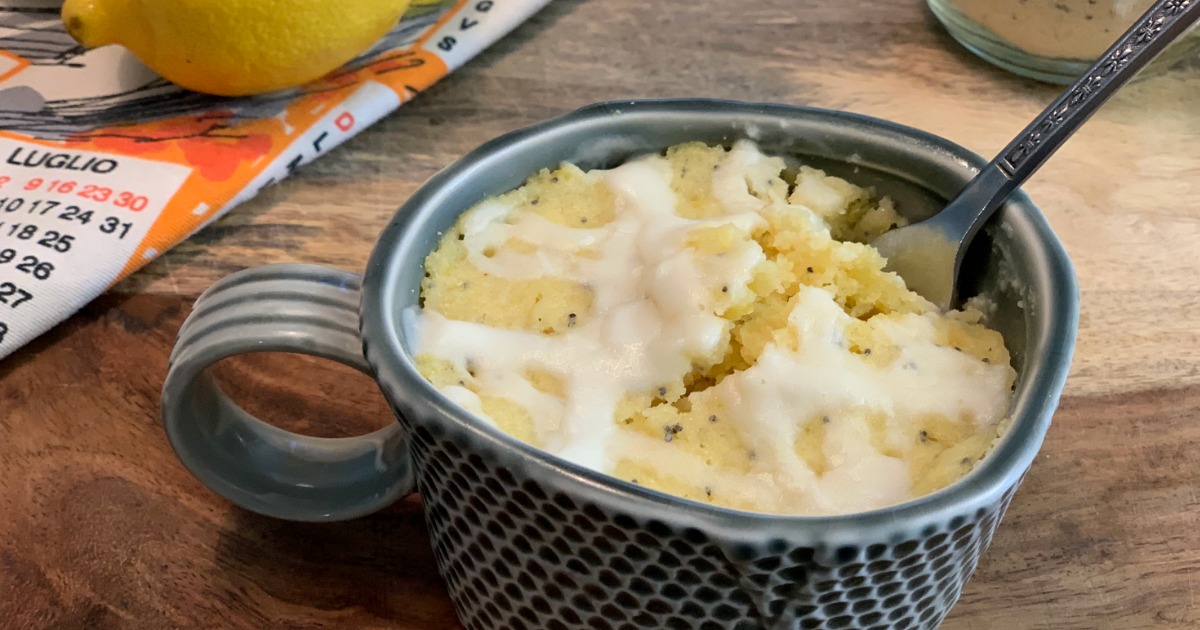 Lemon Poppy Seed Keto Mug Cake in a mug