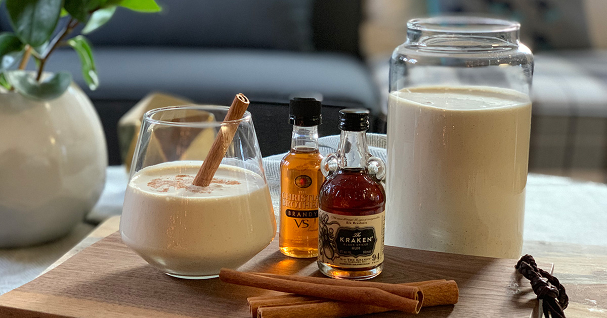 easy low-carb keto eggnog - Dressed up with garnish and next to add-in options 