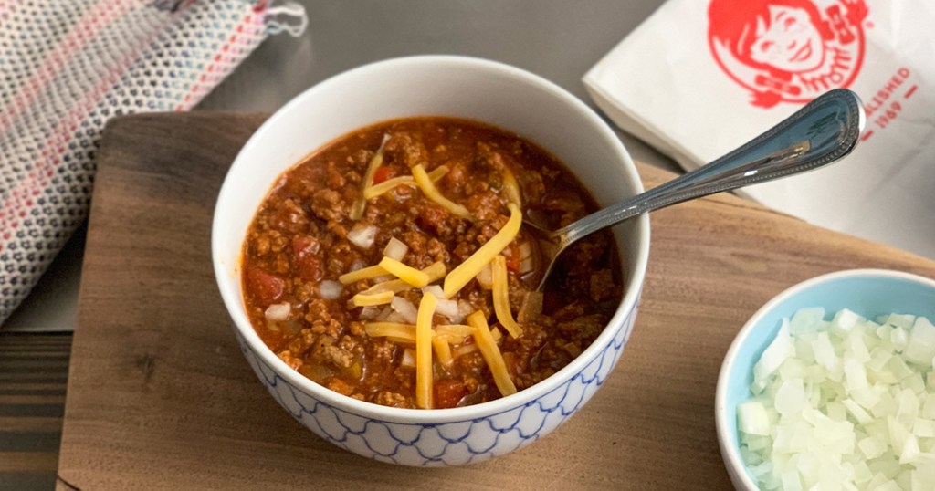 Wendys Chili Copycat Low Carb Recipe - bowl of keto chili with onion and cheese