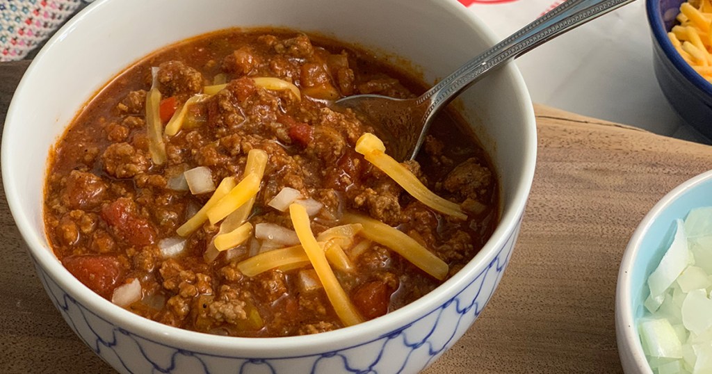 Wendys Chili Copycat Recipe Keto Style - close up image of chili with onions and cheese