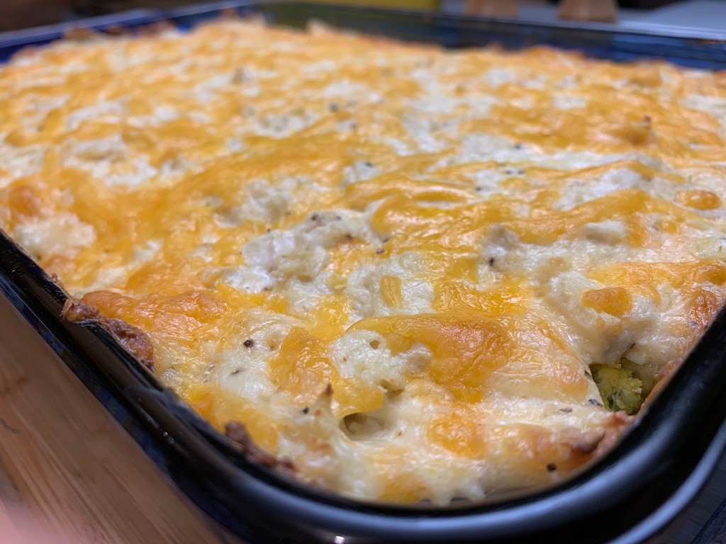 close up of keto chicken casserole with melted cheese on top