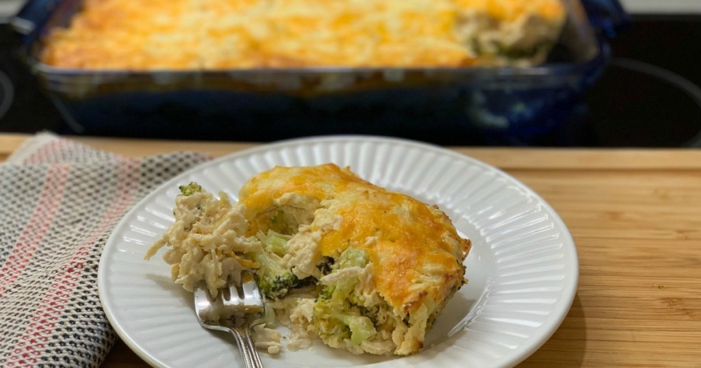 keto chicken casserole on white dish with fork