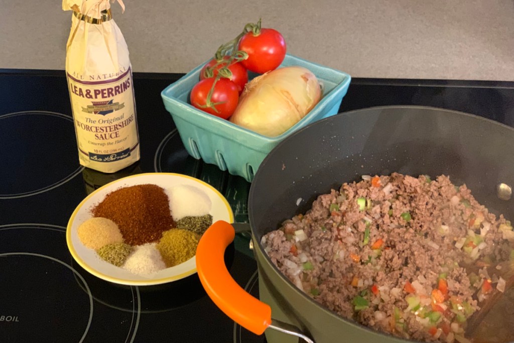 keto chili ingredients cooking together