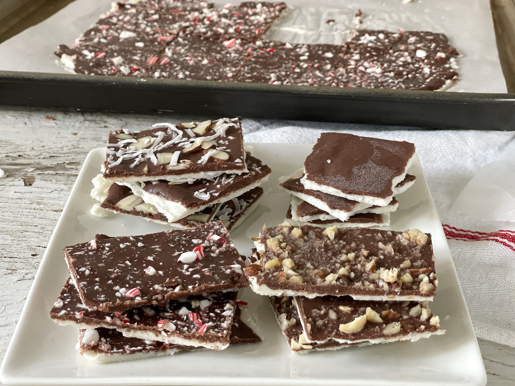 various key chocolate bark varieties on plate