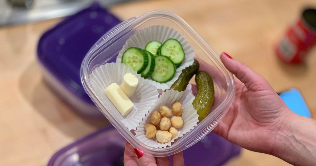 keto-snack-box with cucumbers, cheese, pickles and nuts