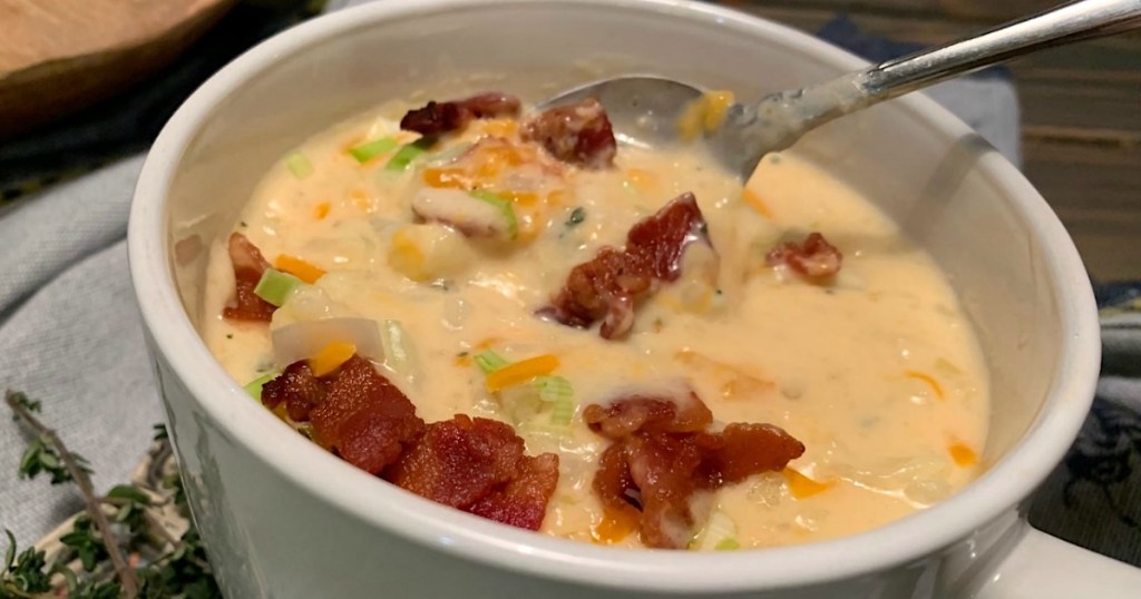 keto cauliflower bacon chowder in bowl with spoon