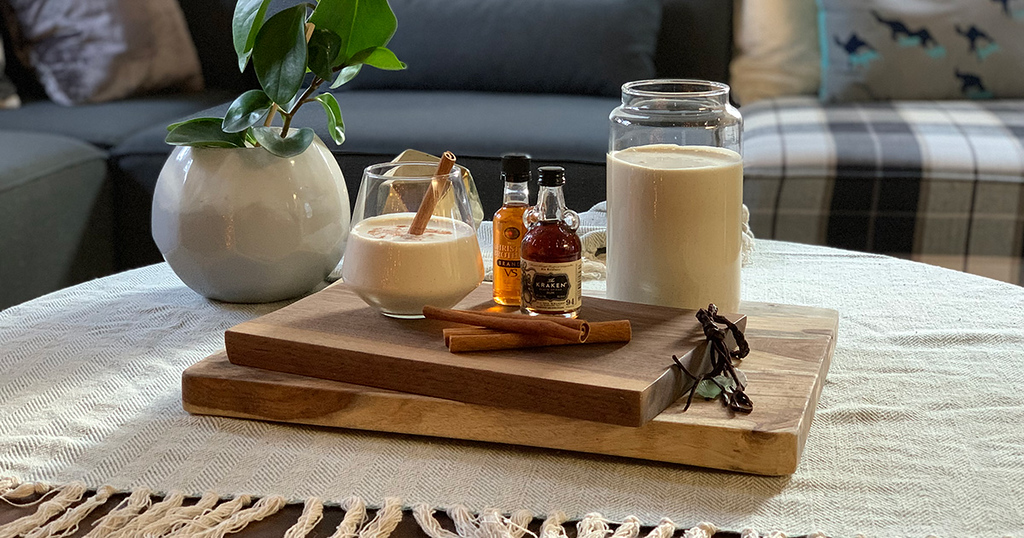 keto eggnog on wood board in living room