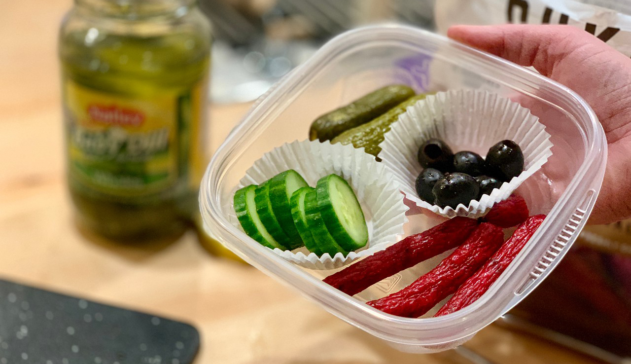 make-ahead keto snack boxes – slim jims, black olives, pickles, cucumbers