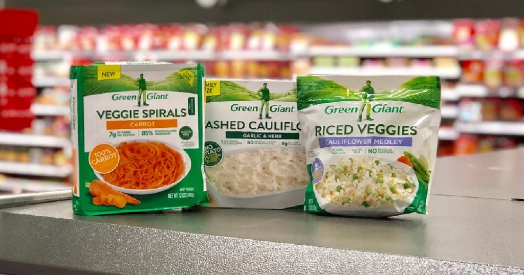 three boxes of frozen Green Giant veggie products displayed at Target 