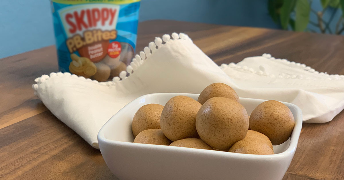 keto skippy p.b. bites recipe – the peanut butter balls in a bowl near a bag of P.B. bites