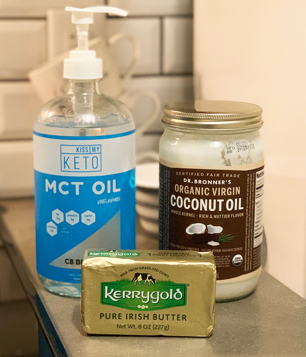 MCT oil and coconut oil, alongside Kerrygold butter