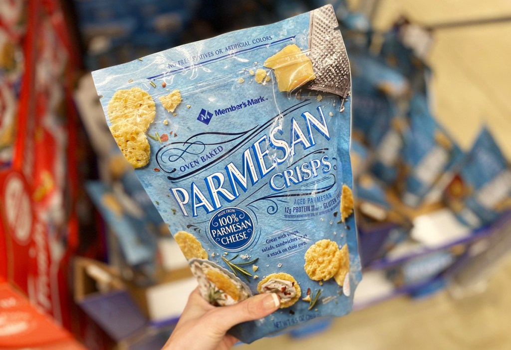 hand holding bag of Sam's Club Member's Mark Parmesan Crisps