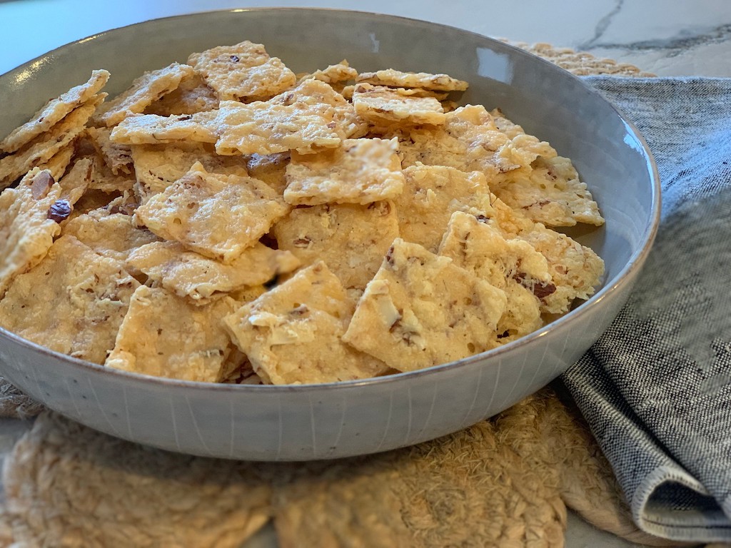 bowl of keto low-carb crackers on counter 