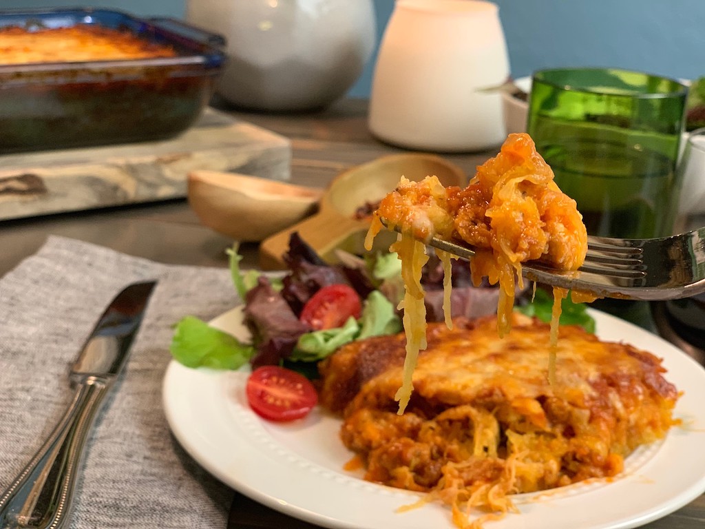 Spaghetti squash and Italian sausage casserole on plate 