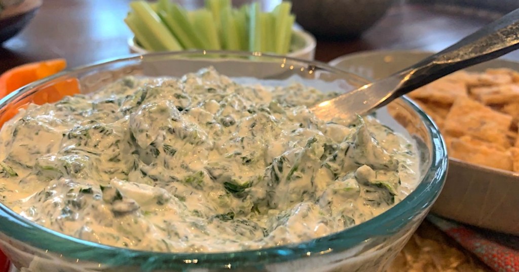 close up of keto spinach dip in a bowl 