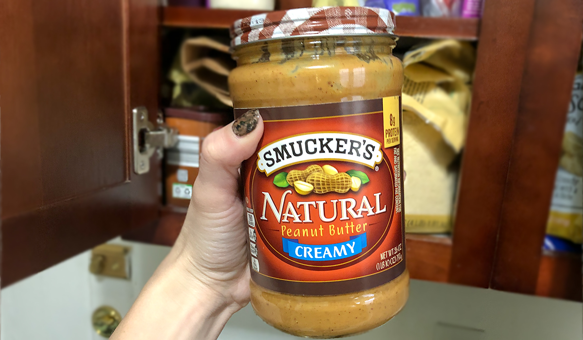 keto kitchen stock up — smucker's natural peanut butter in cupboard