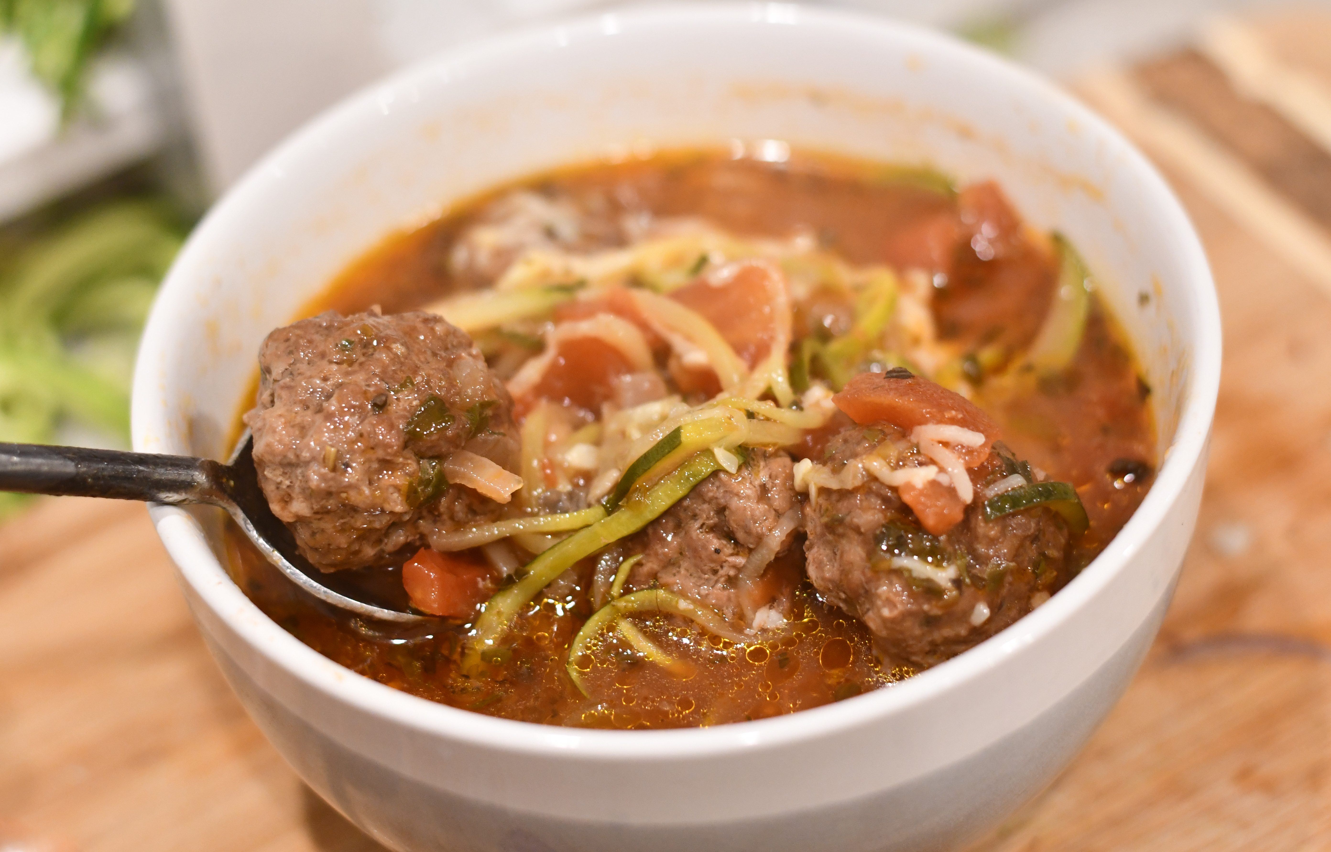 bowl of meatball zucchini soup
