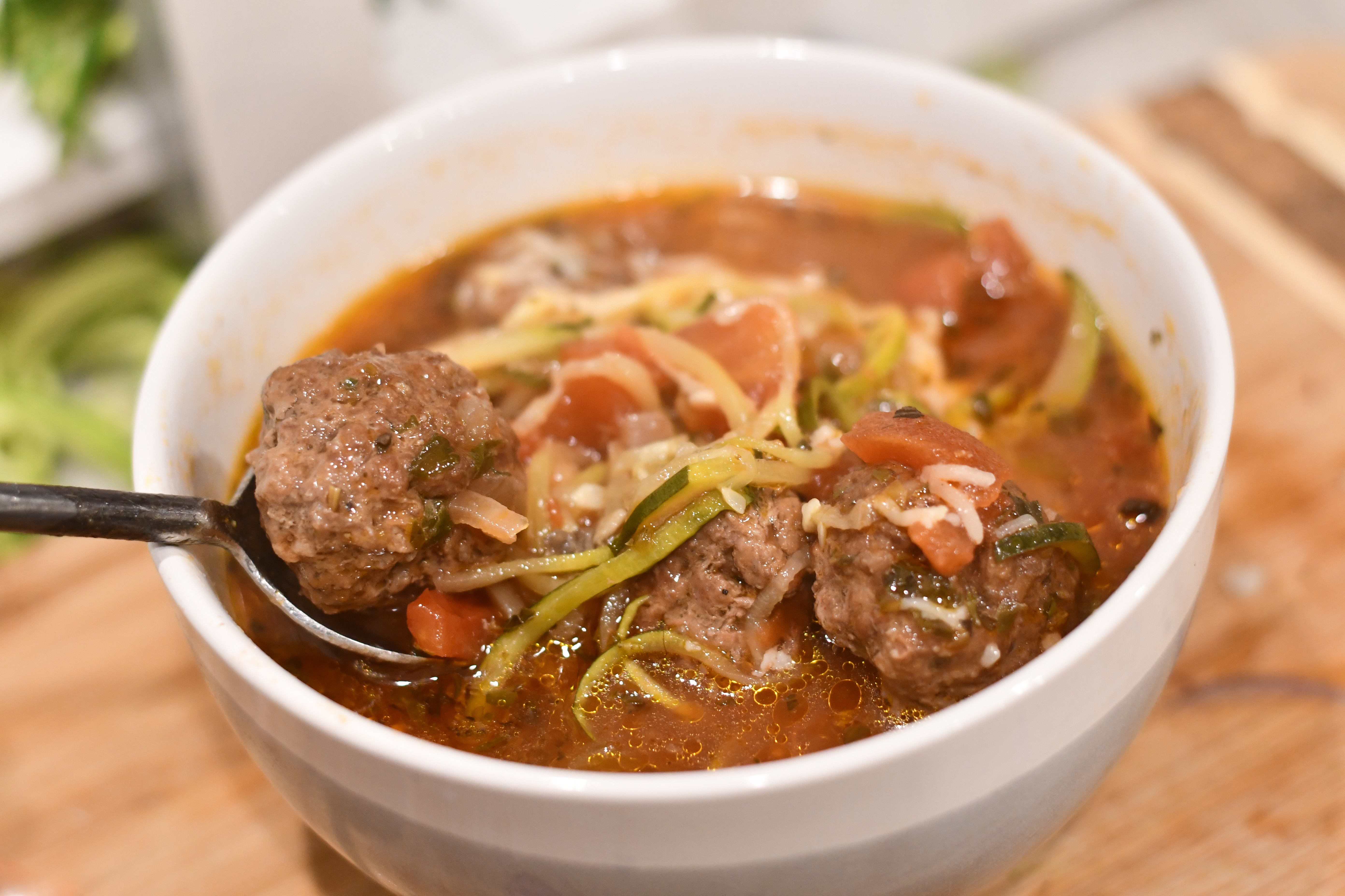keto meatball soup in a bowl