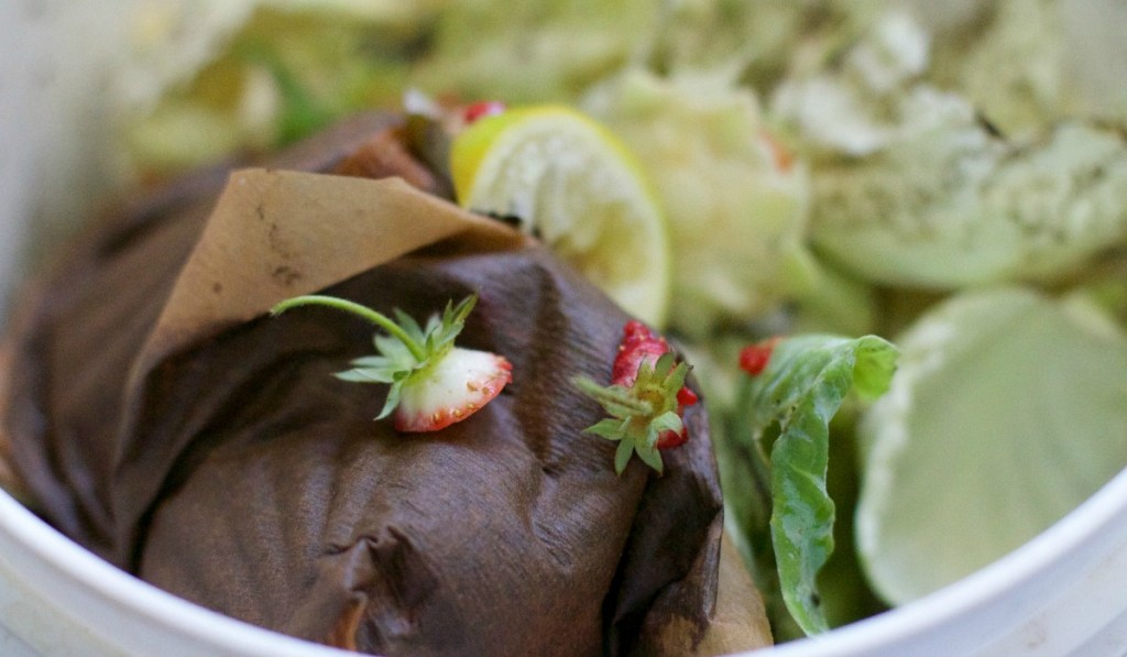 composting bin with coffee grounds, strawberry stems, and lemons