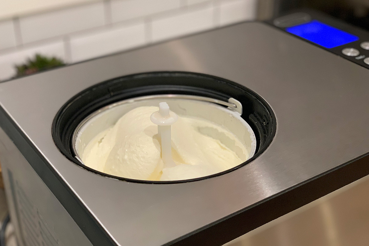 keto vanilla bean ice cream in the ice cream maker