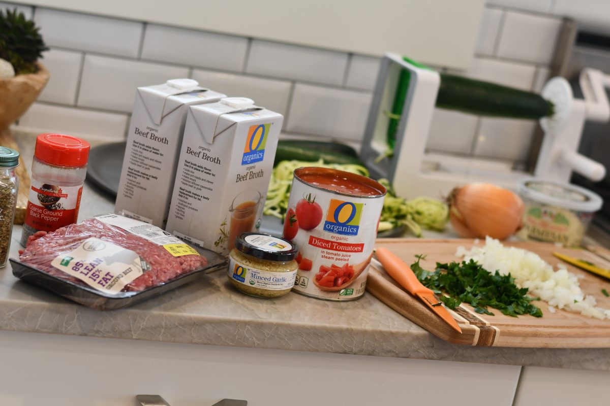 Hearty Italian Meatball Soup with Zucchini Noodles ingredients on the counter