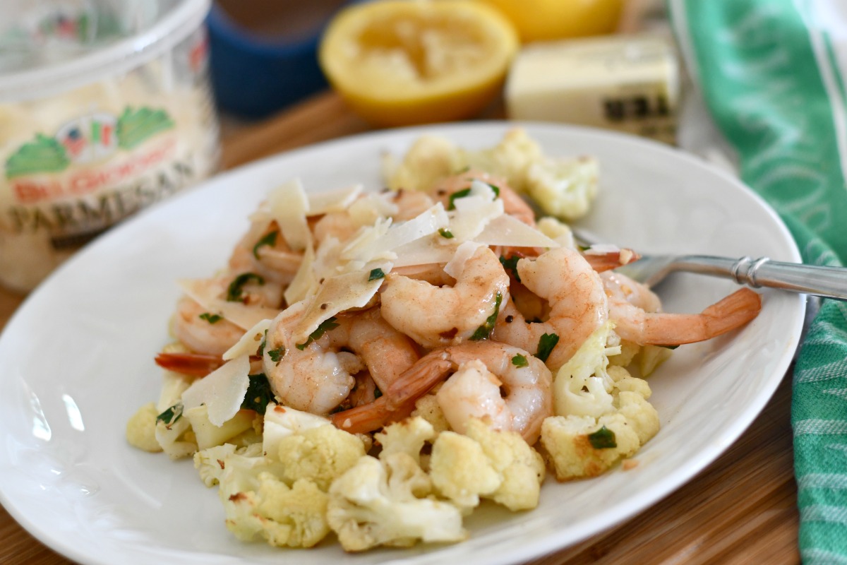 cauliflower shrimp scamp on a plate and topped with Parmesan